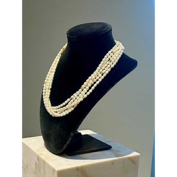 Vintage 5 Strand Faux Pearl Necklace-Rice Beads-Gold Tone Clasp-Multi-Choker-80s - Picture 5 of 7